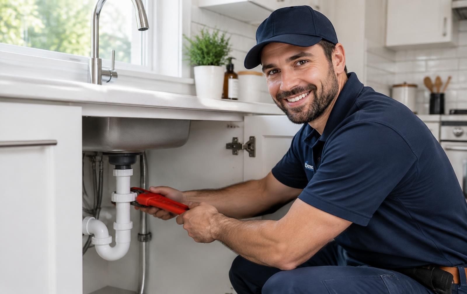 Smiling Everwell technician in a navy uniform repairing the pipes under a kitchen sink