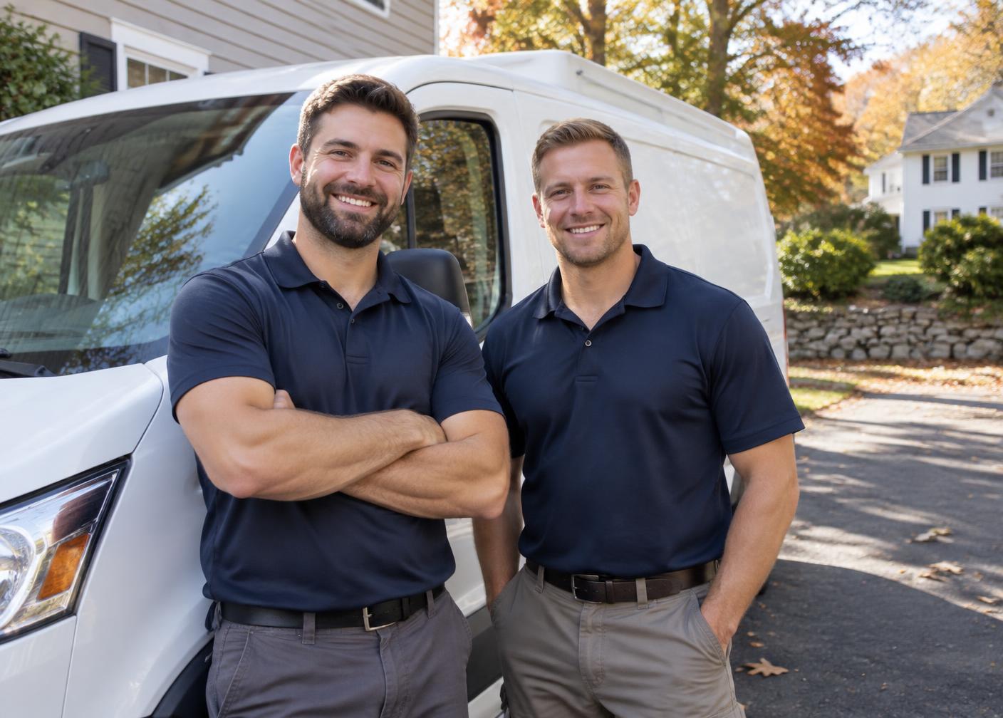 Two Everwell plumbers standing beside their work van outside a Connecticut home